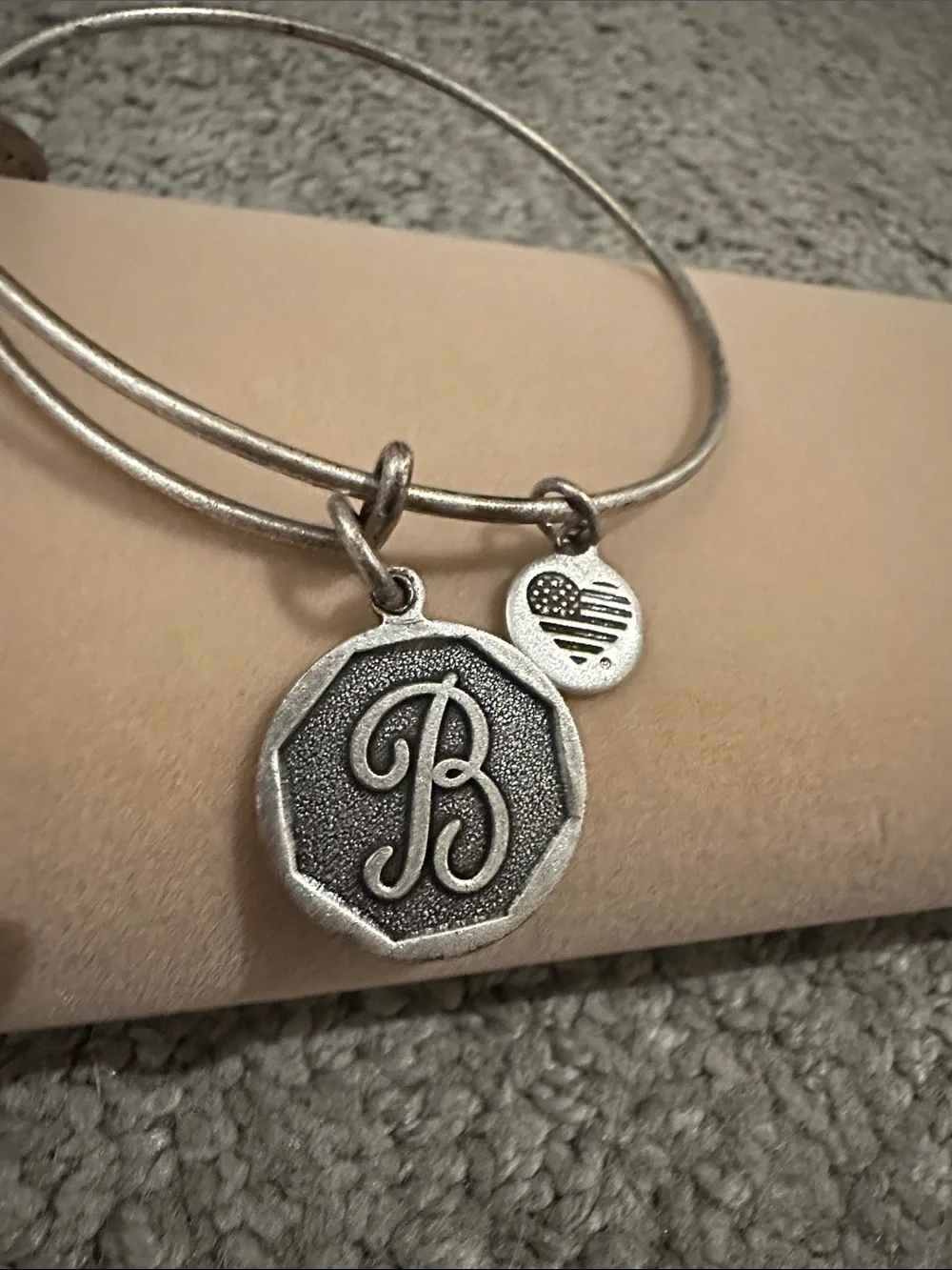 Alex and Ani Silver Initial B Charm Bangle with Flag Accent
